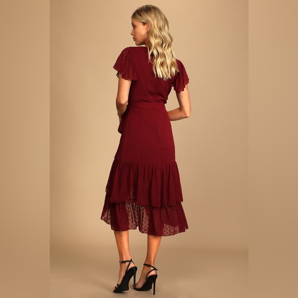 NWT Lulus Have Harmony Burgundy Swiss Dot Ruffled Faux Wrap Midi Dress Medium - Picture 4 of 13
